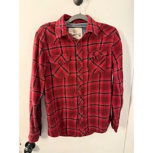 Roebuck & Co Mens Red Black Plaid Flannel Western Shirt Snap Pocket Medium